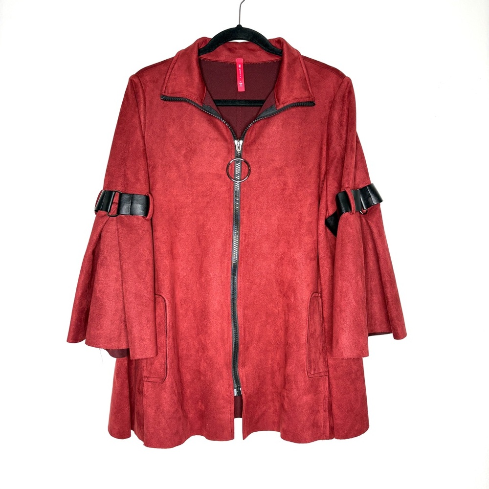 IC By Connie K Zip Up Faux Suede Soft Jacket Bell Sleeve In Burgundy Red Size L
